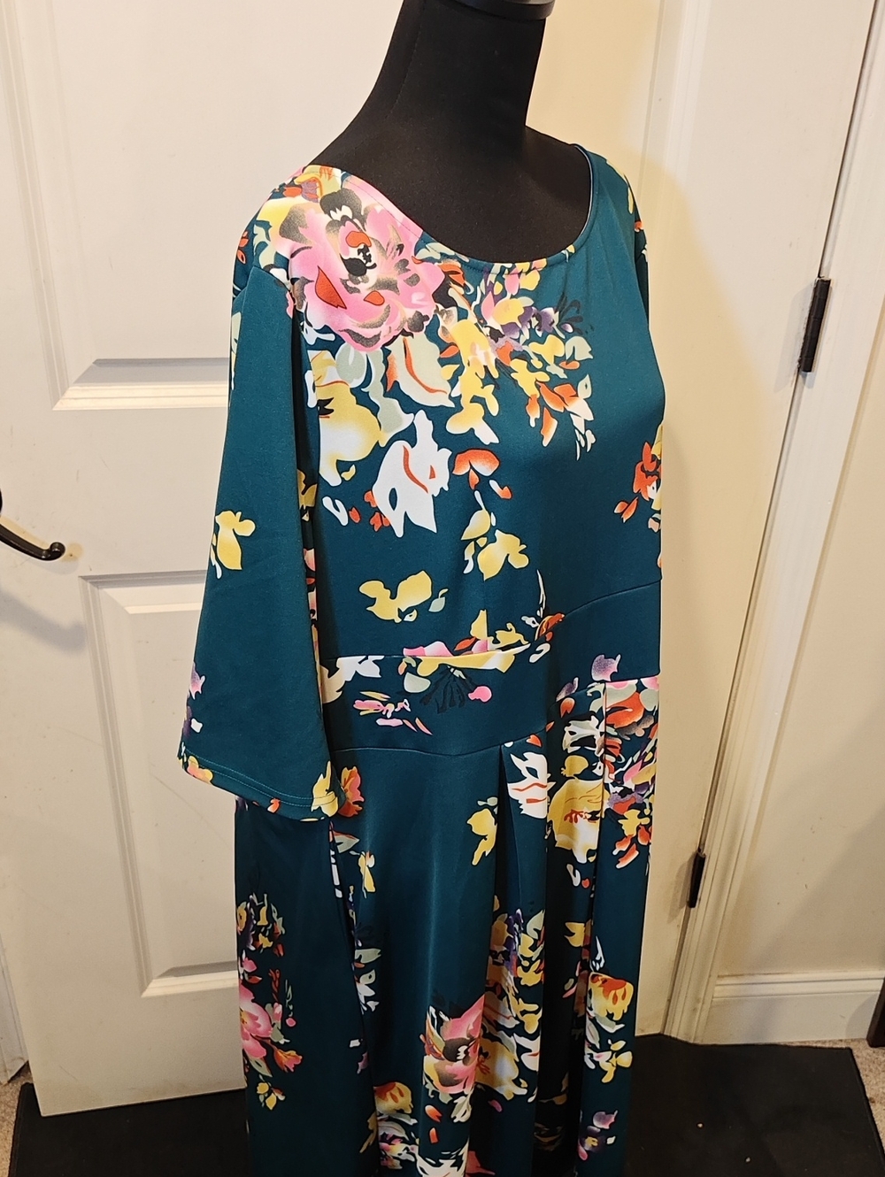 Fit-and-flare Teal Floral Midi Dress with Scoop Neck Pockets